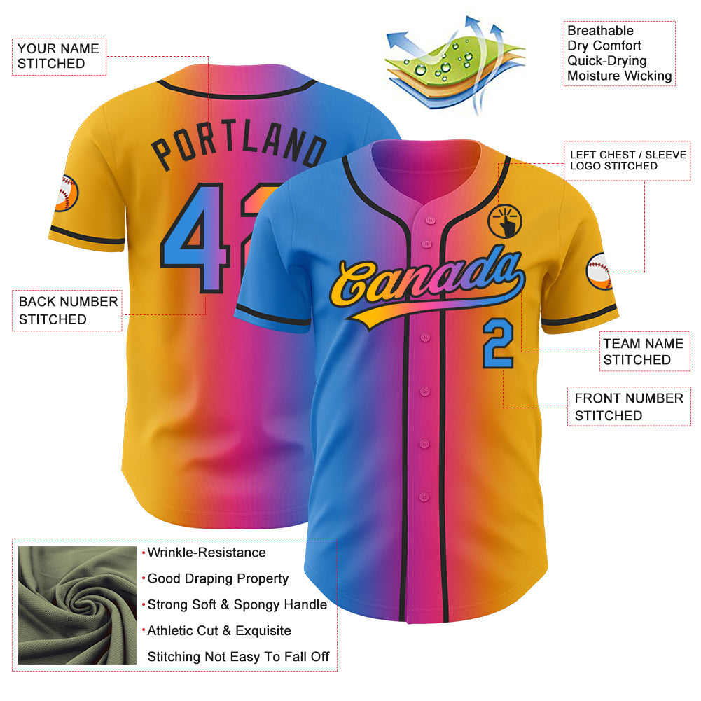 Custom Gold Electric Blue Pink-Black Authentic Gradient Fashion Baseball Jersey