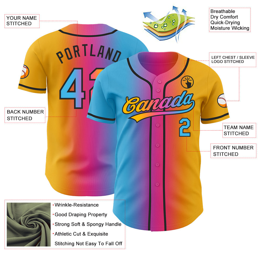 Custom Gold Sky Blue Pink-Black Authentic Gradient Fashion Baseball Jersey
