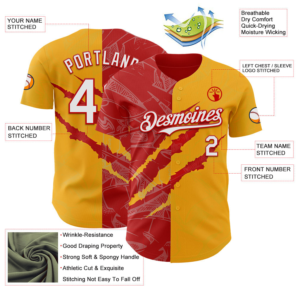Custom Graffiti Pattern White Gold-Red 3D Scratch Authentic Baseball Jersey