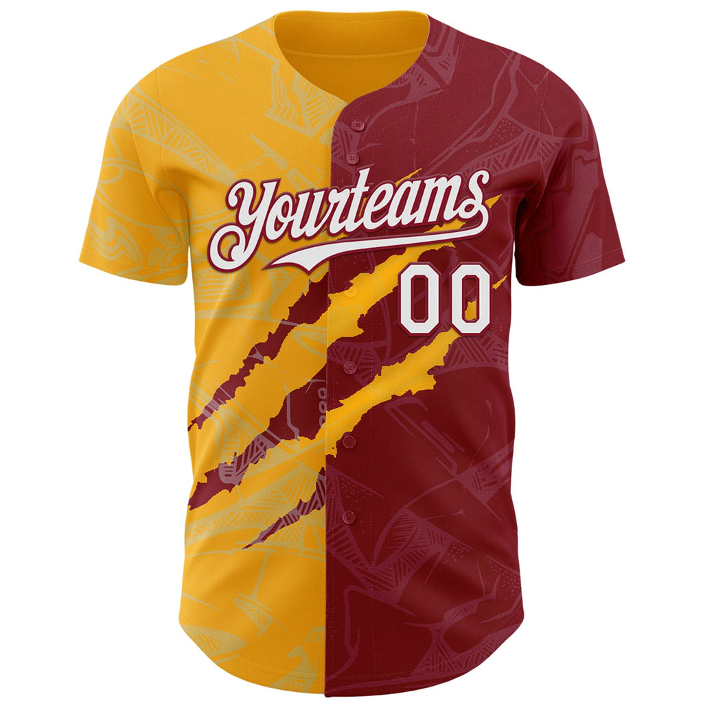 Custom Graffiti Pattern White Crimson-Gold 3D Scratch Authentic Baseball Jersey