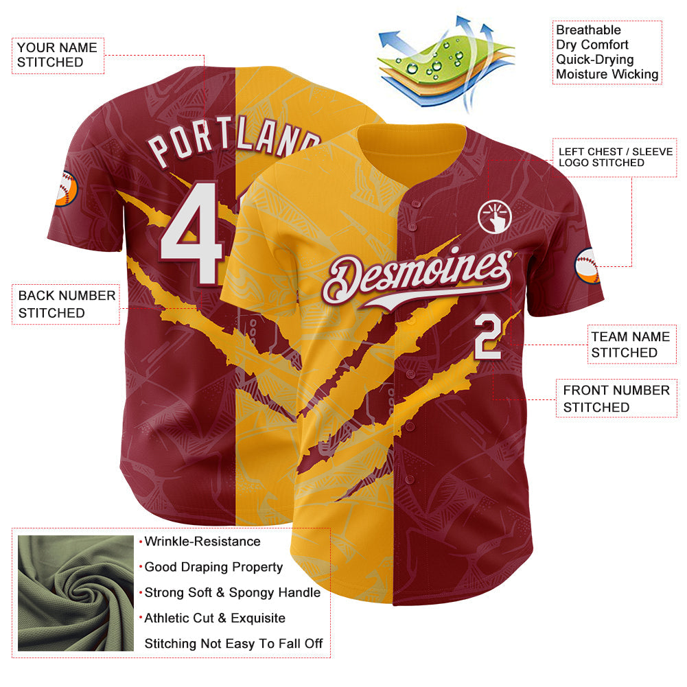 Custom Graffiti Pattern White Crimson-Gold 3D Scratch Authentic Baseball Jersey