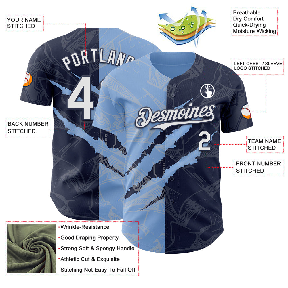 Custom Graffiti Pattern White Navy-Light Blue 3D Scratch Authentic Baseball Jersey