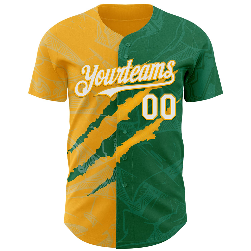 Custom Graffiti Pattern White Kelly Green-Gold 3D Scratch Authentic Baseball Jersey