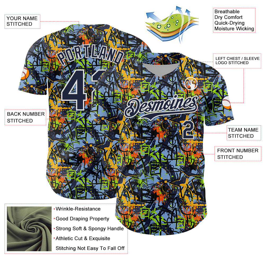 Custom Graffiti Pattern Navy-White Splatter Authentic Baseball Jersey