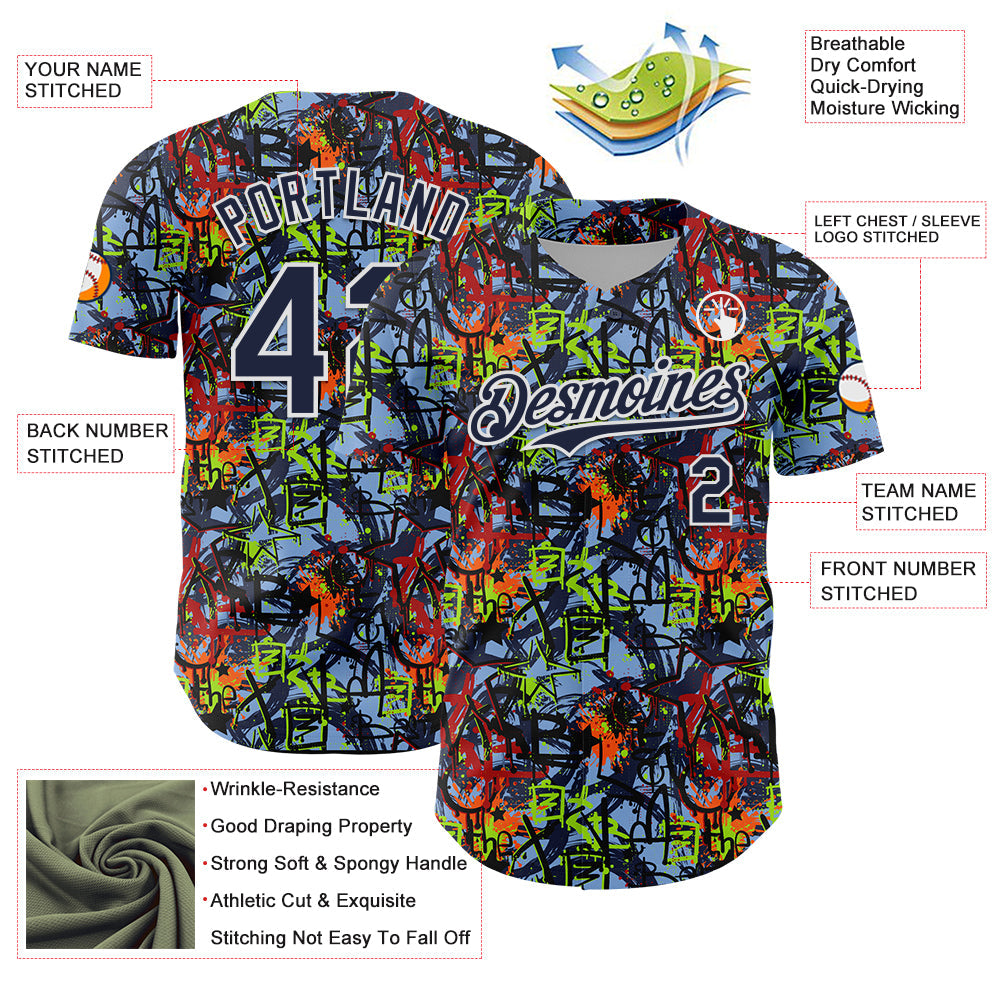 Custom Graffiti Pattern Navy-White Splatter Authentic Baseball Jersey