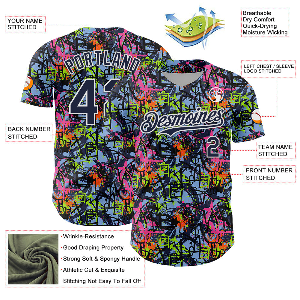 Custom Graffiti Pattern Navy-White Splatter Authentic Baseball Jersey