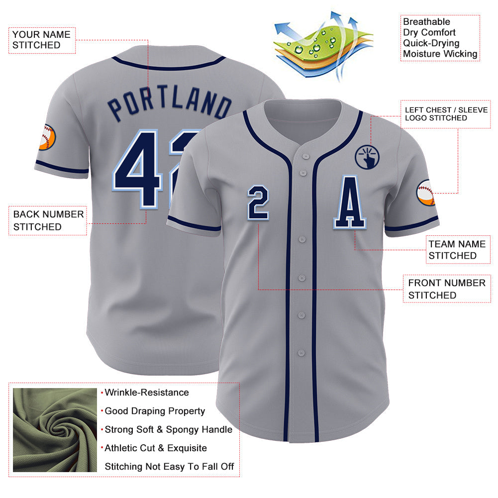 Custom Gray Navy-Light Blue Authentic Baseball Jersey
