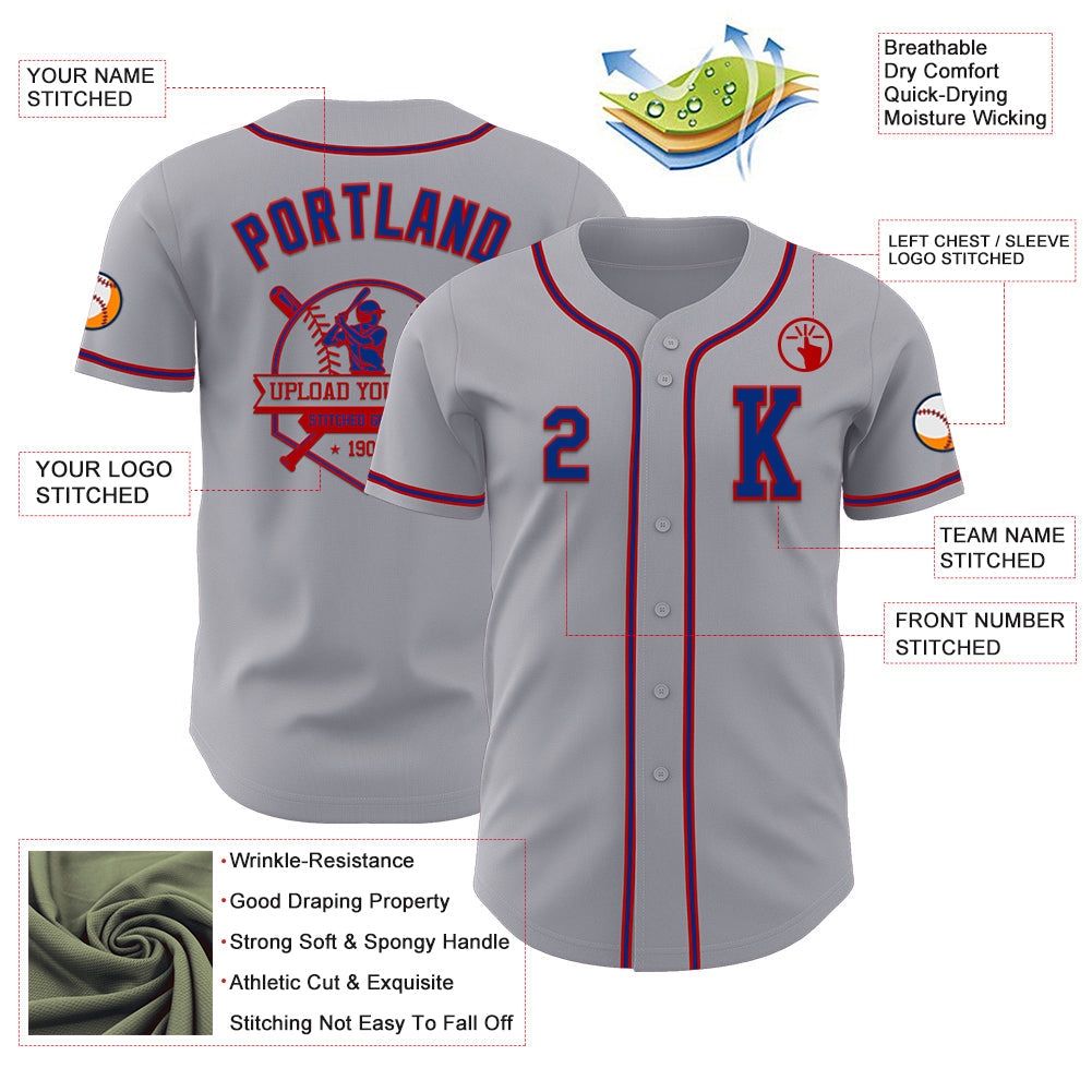Custom Gray Royal-Red Authentic Baseball Jersey