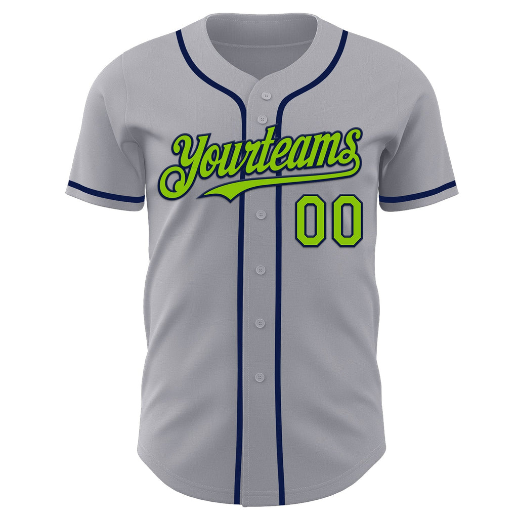 Custom Gray Neon Green-Navy Authentic Baseball Jersey