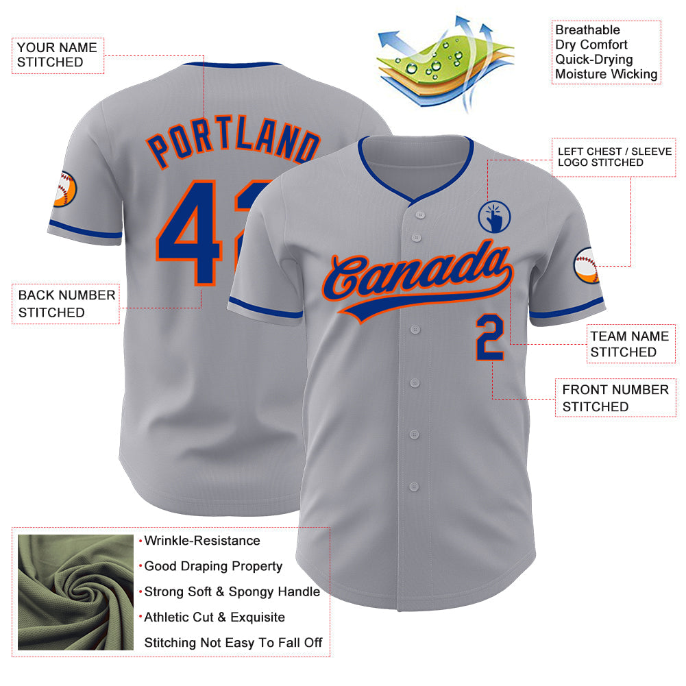 Custom Gray Royal-Orange Authentic Baseball Jersey
