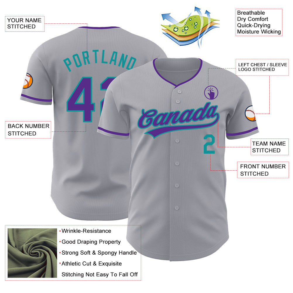 Custom Gray Purple-Teal Authentic Baseball Jersey