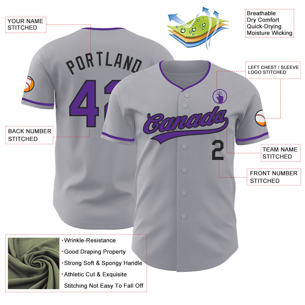 Custom Gray Purple-Black Authentic Baseball Jersey