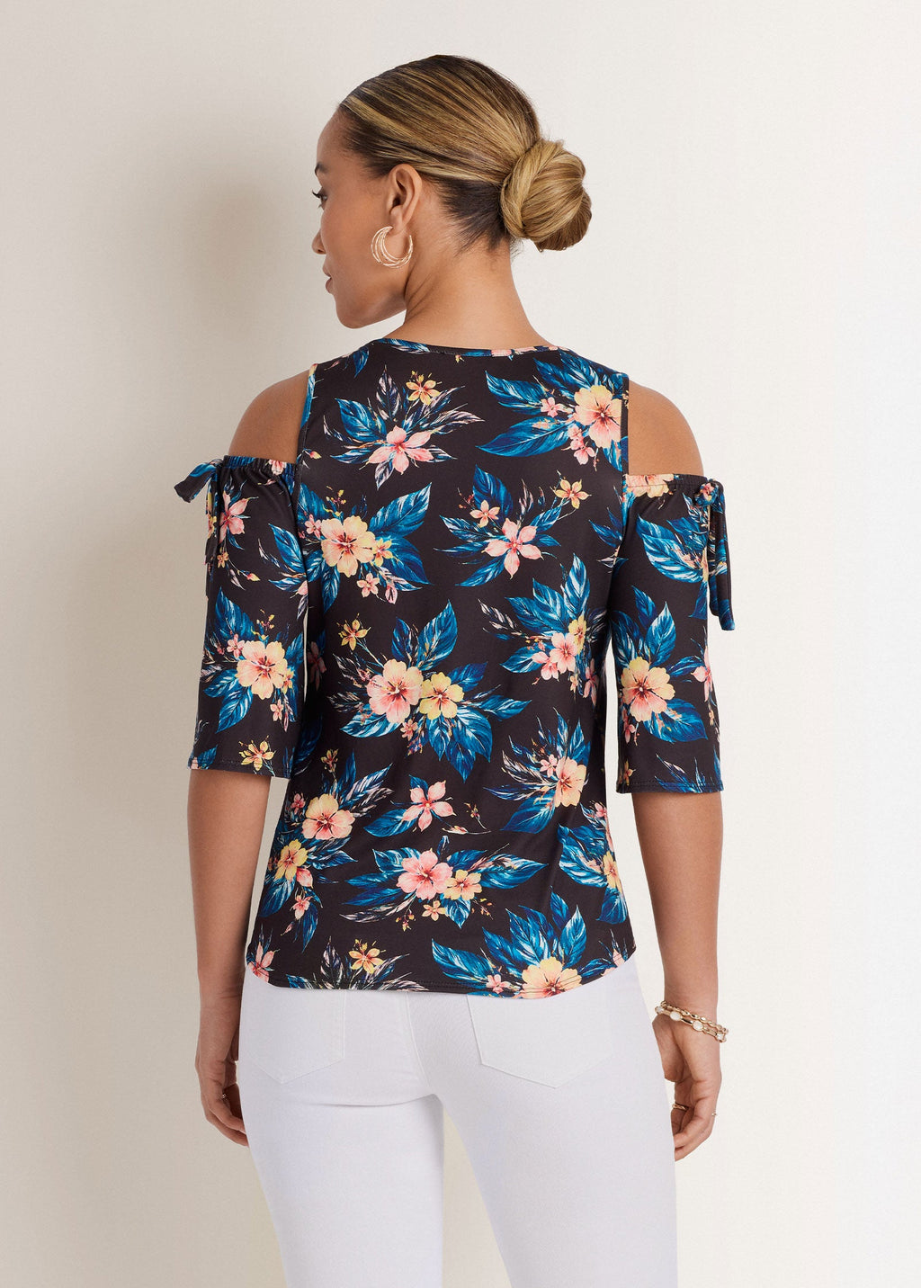Printed Cold Shoulder Top - Blue Multi