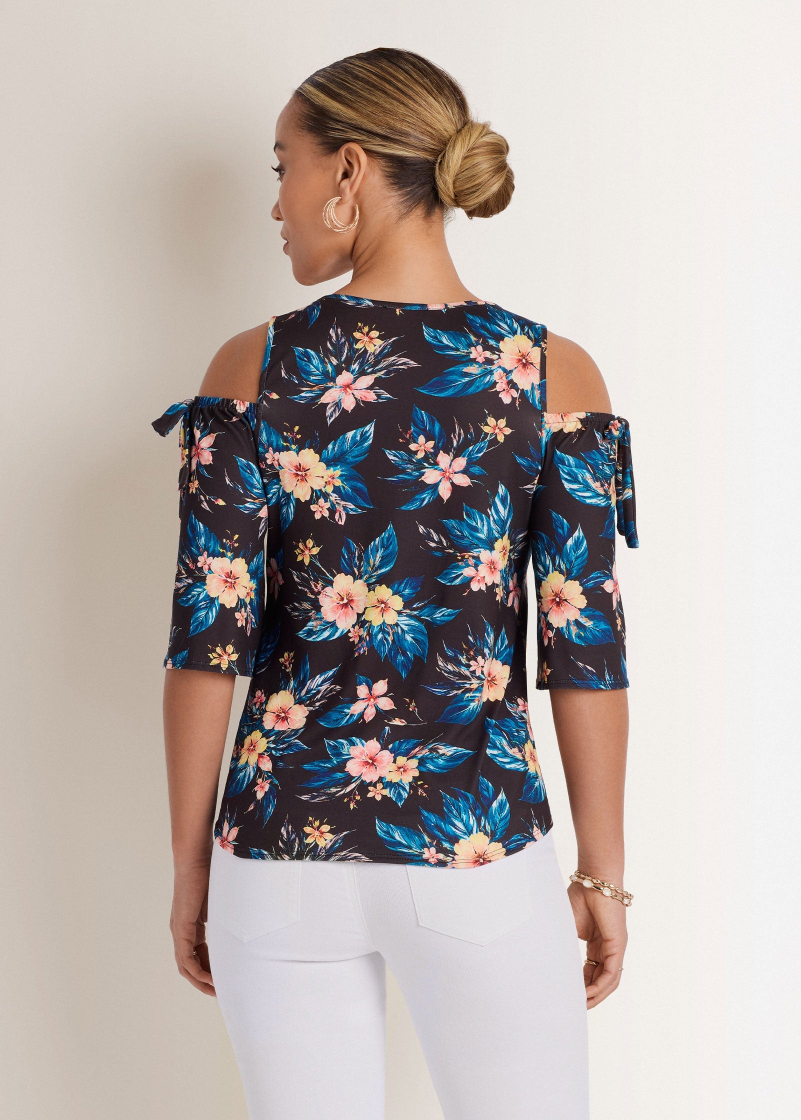 Printed Cold Shoulder Top - Blue Multi