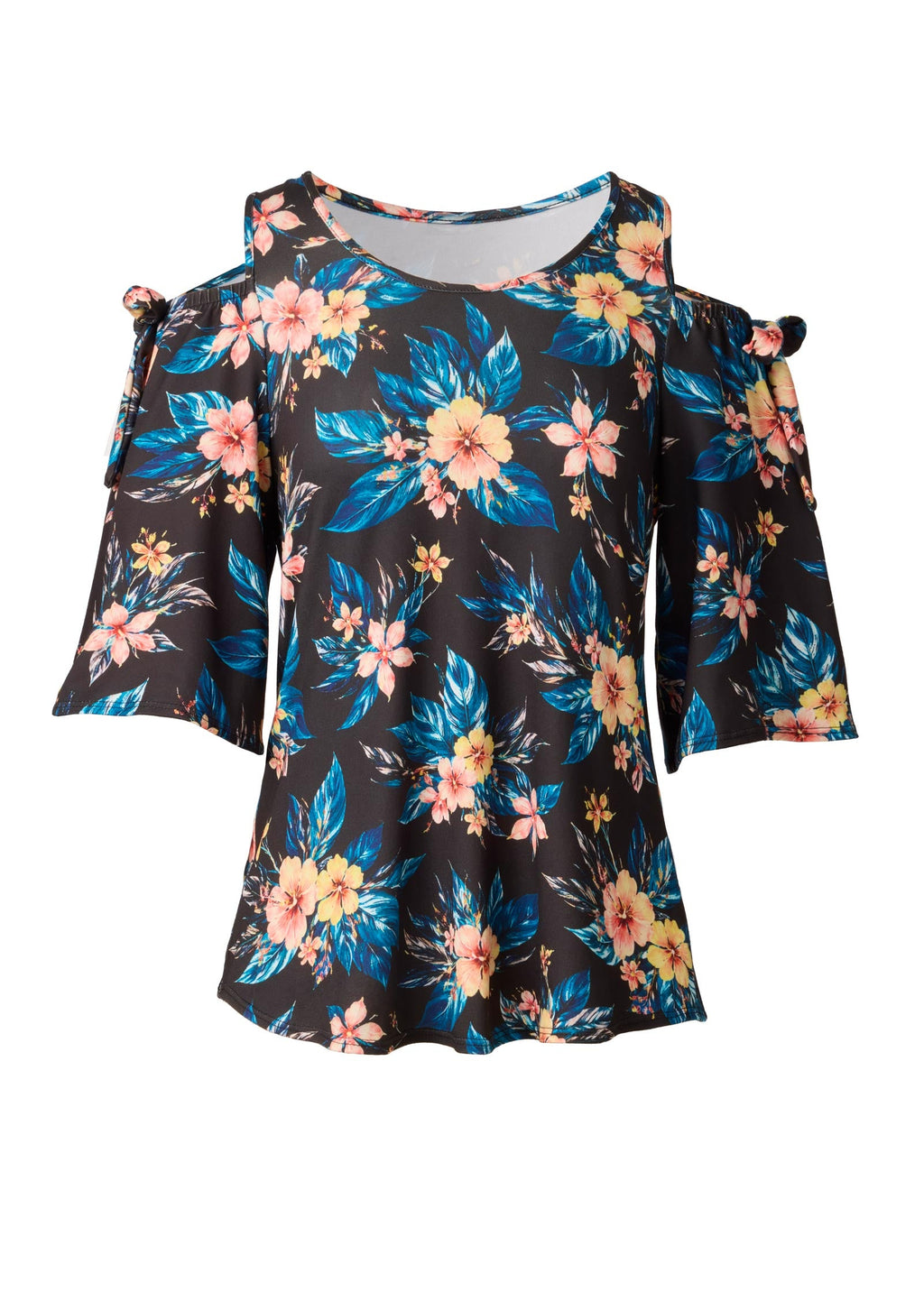 Printed Cold Shoulder Top - Blue Multi