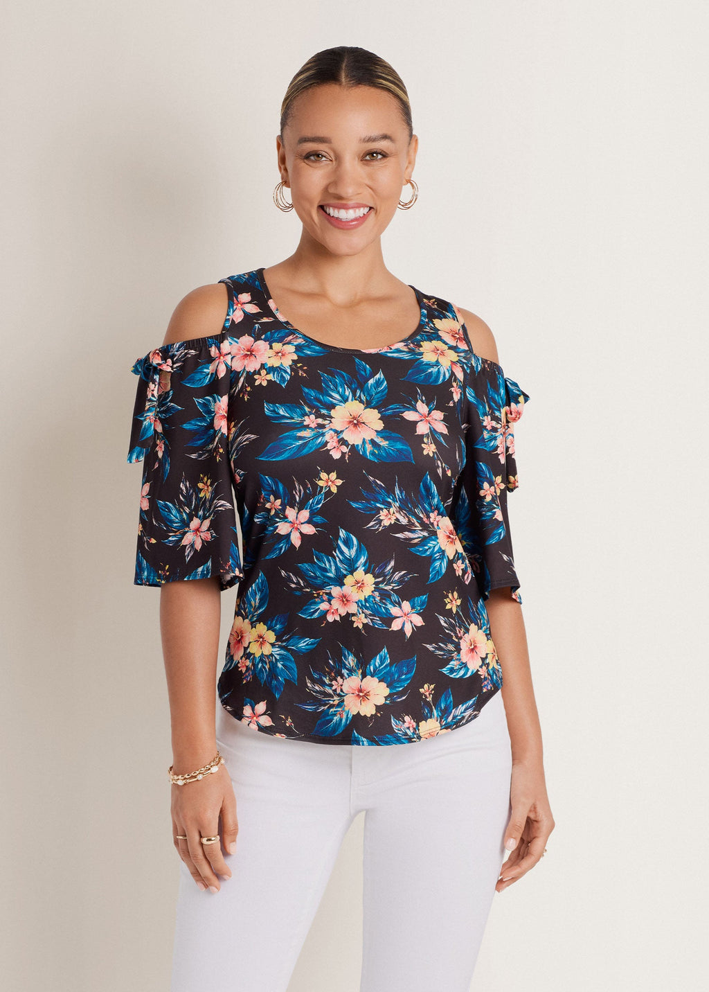 Printed Cold Shoulder Top - Blue Multi
