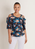 Printed Cold Shoulder Top - Blue Multi