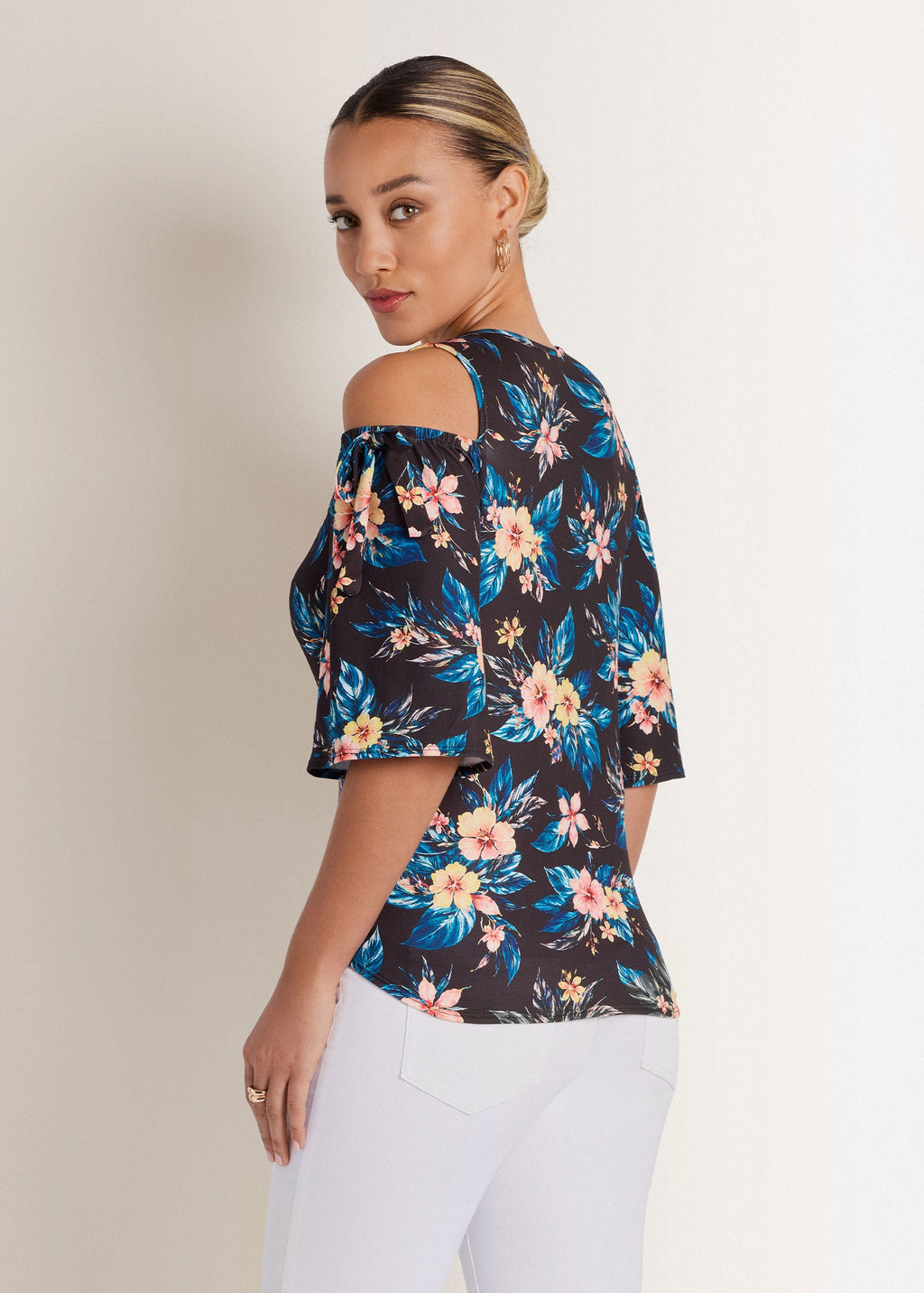 Printed Cold Shoulder Top - Blue Multi