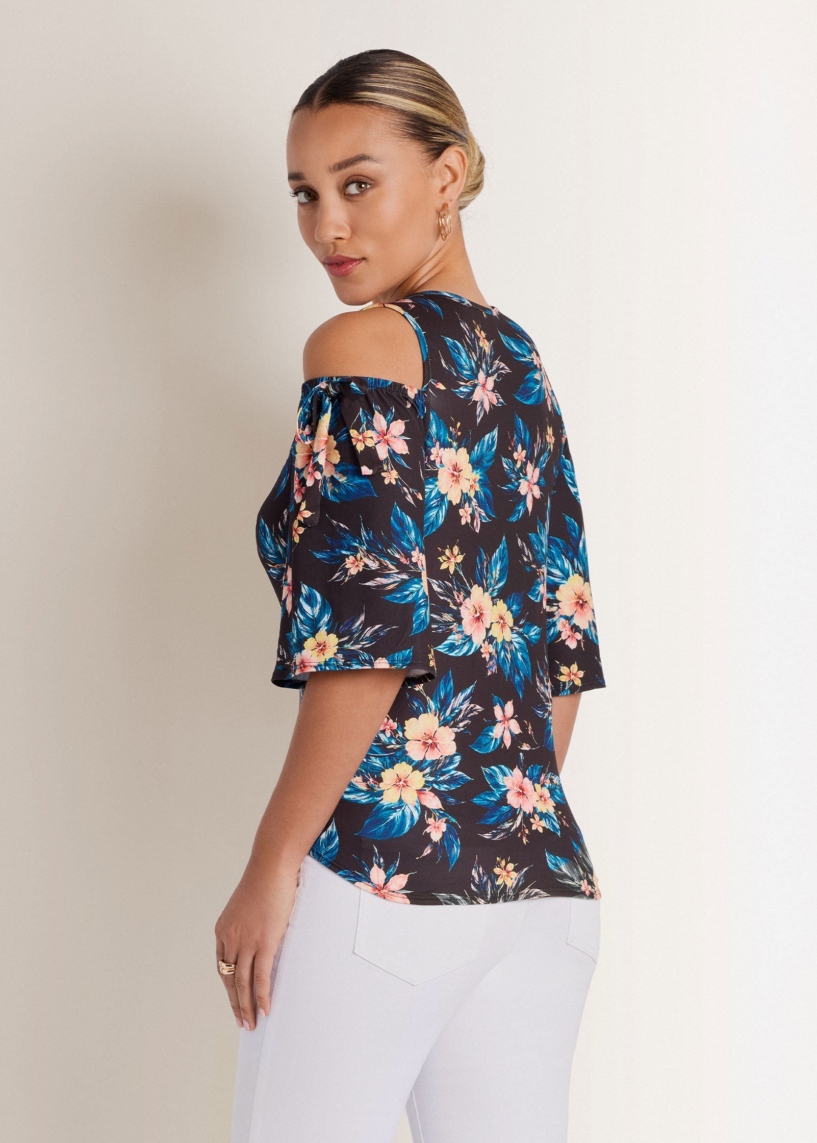 Printed Cold Shoulder Top - Blue Multi