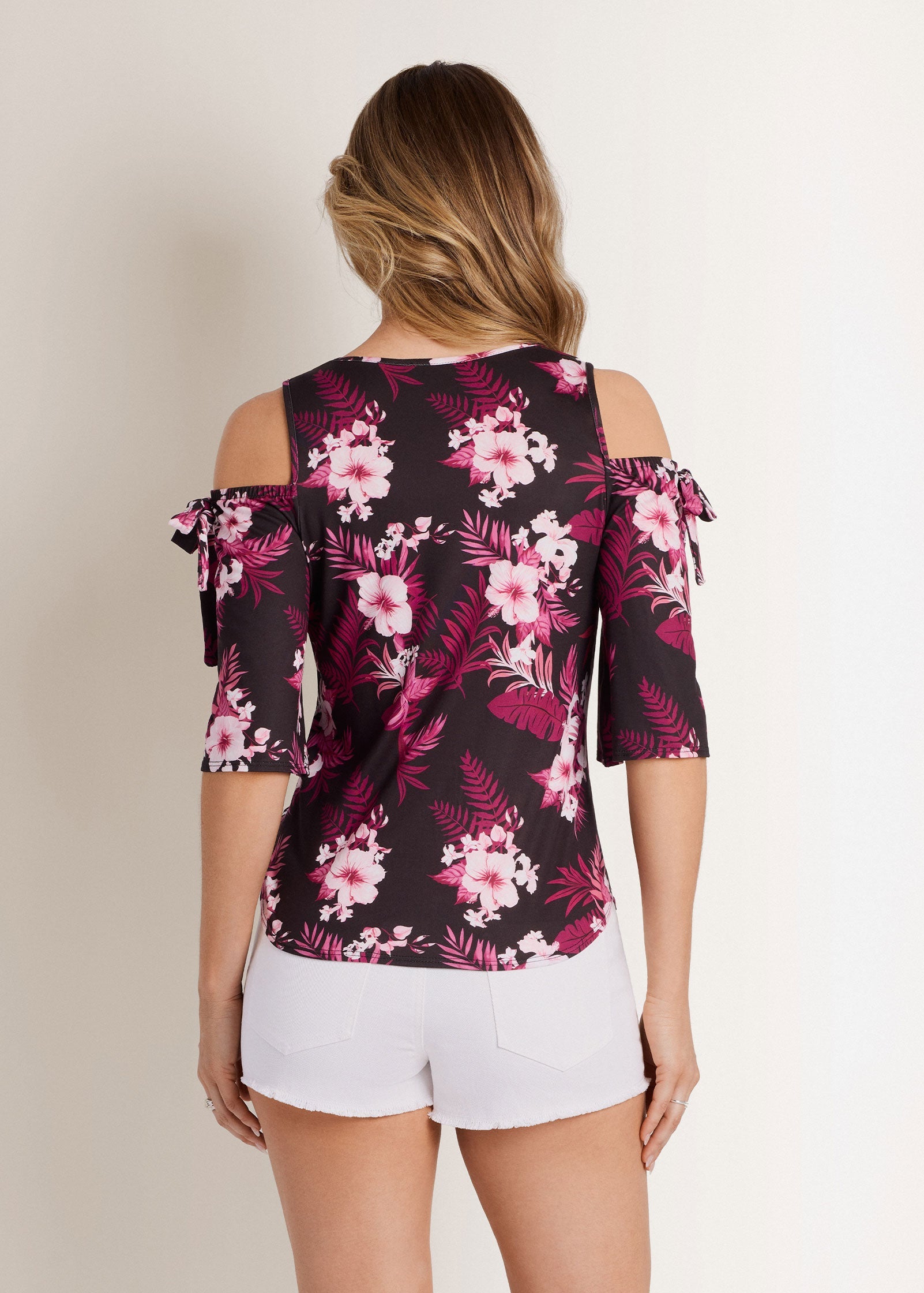 Printed Cold Shoulder Top - Black Multi