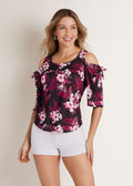 Printed Cold Shoulder Top - Black Multi