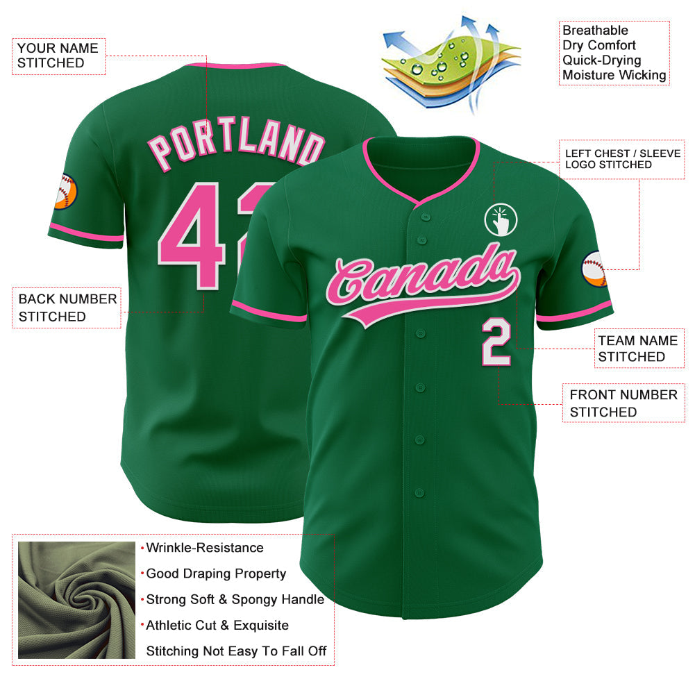 Custom Kelly Green Pink-White Authentic Baseball Jersey