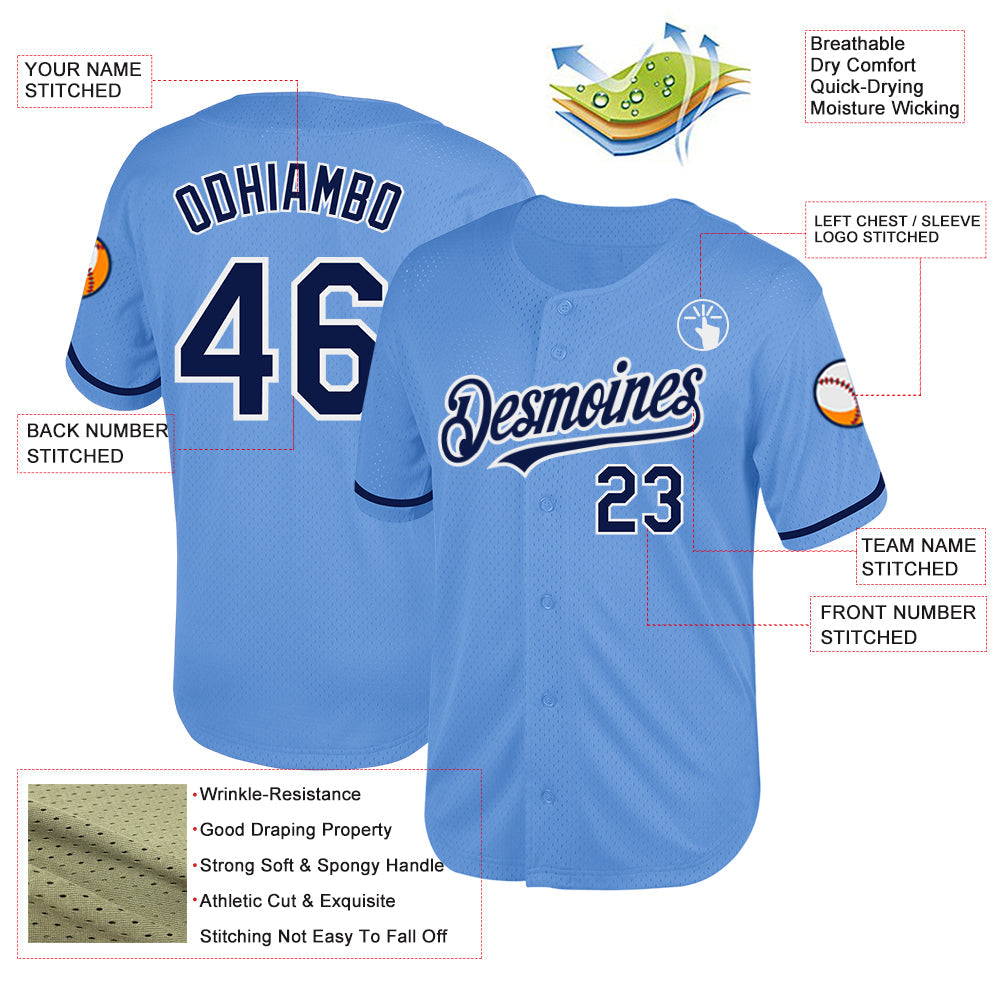 Custom Light Blue Navy-White Mesh Authentic Throwback Baseball Jersey