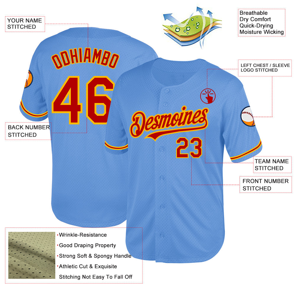 Custom Light Blue Red-Gold Mesh Authentic Throwback Baseball Jersey