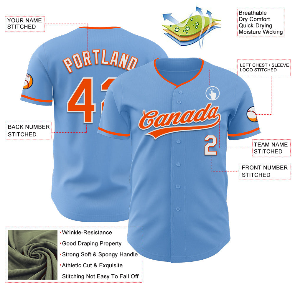Custom Light Blue Orange-White Authentic Baseball Jersey