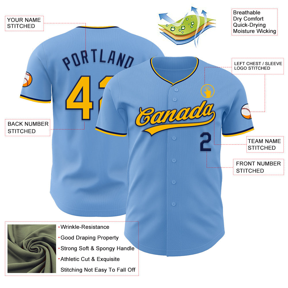 Custom Light Blue Gold-Navy Authentic Baseball Jersey