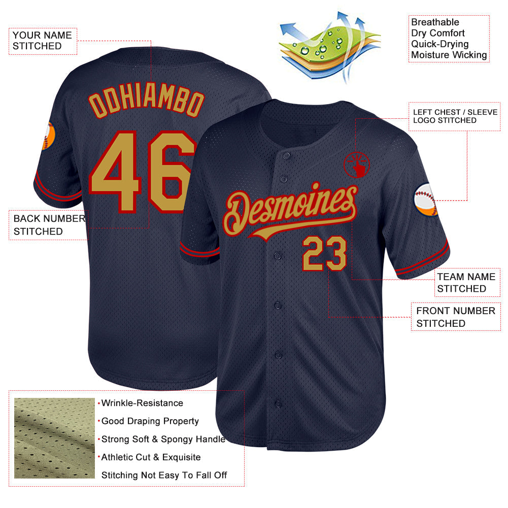 Custom Navy Old Gold-Red Mesh Authentic Throwback Baseball Jersey