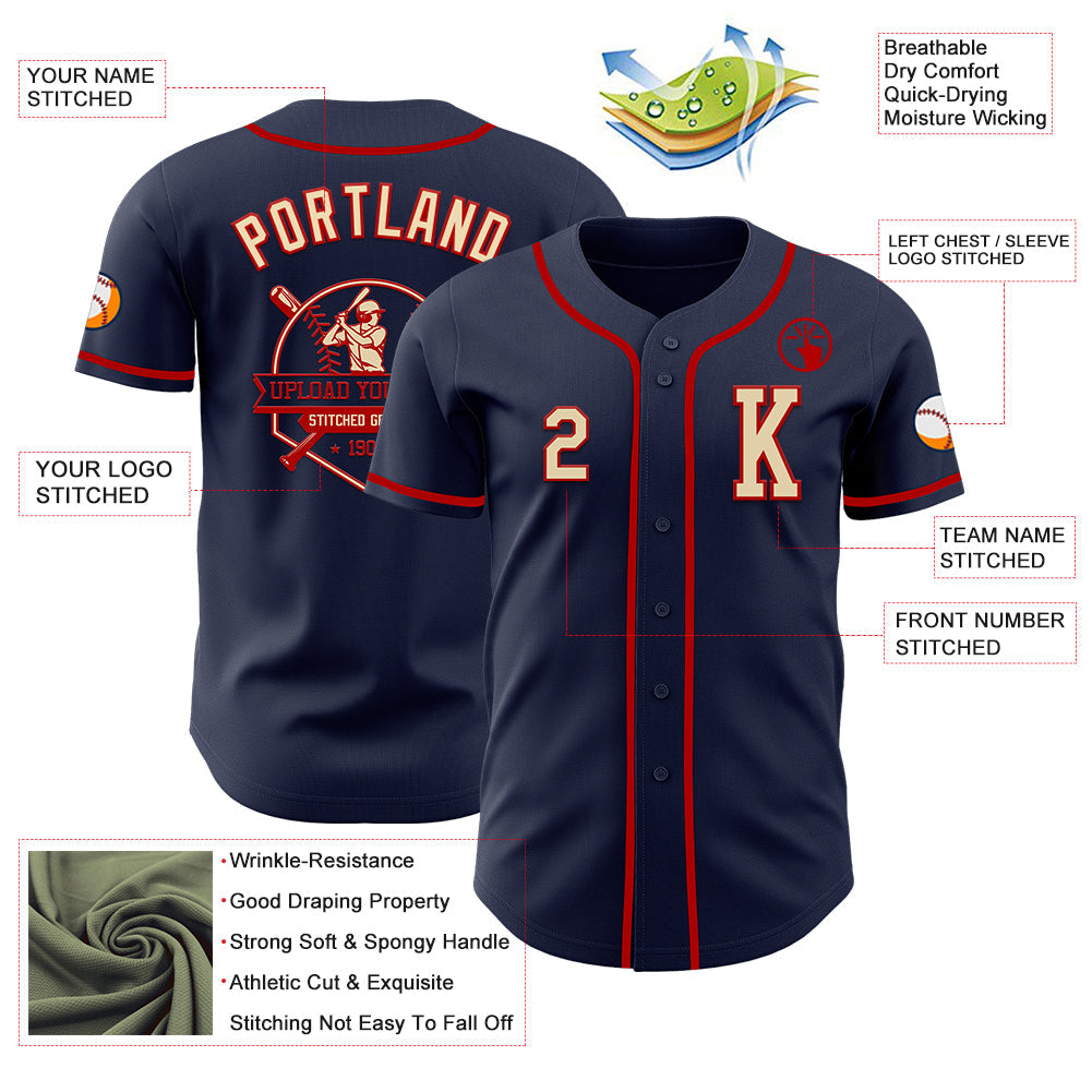 Custom Navy Cream-Red Authentic Baseball Jersey
