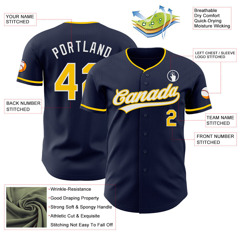 Custom Navy Yellow-White Authentic Baseball Jersey