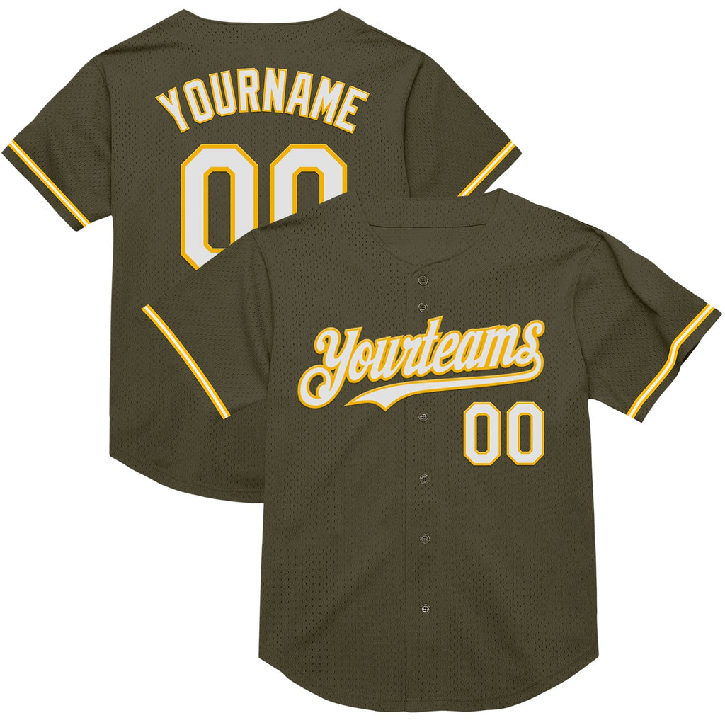 Custom Olive White-Gold Mesh Authentic Throwback Salute To Service Baseball Jersey