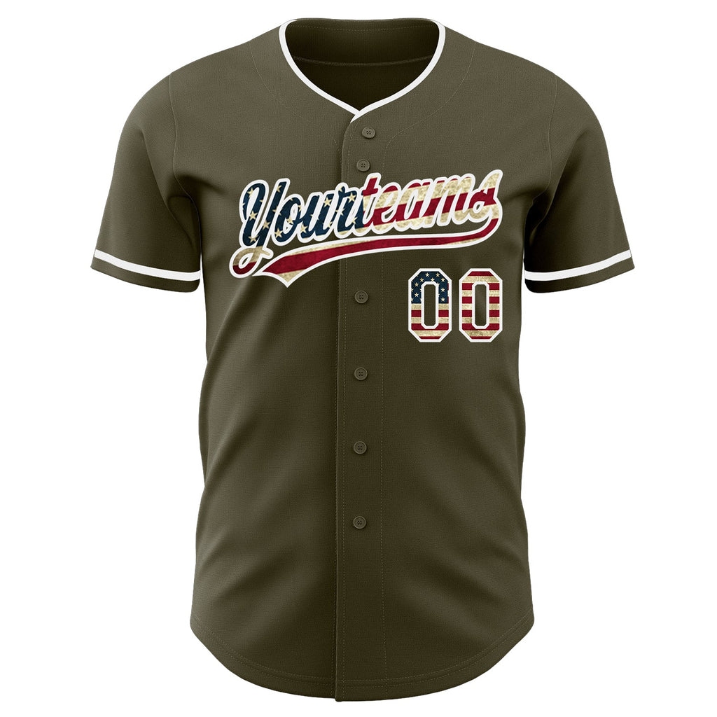Custom Olive Vintage USA Flag-White Authentic Baseball Jersey