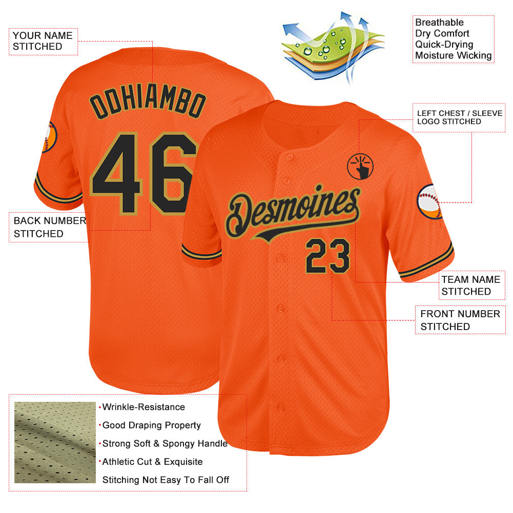 Custom Orange Black-Old Gold Mesh Authentic Throwback Baseball Jersey