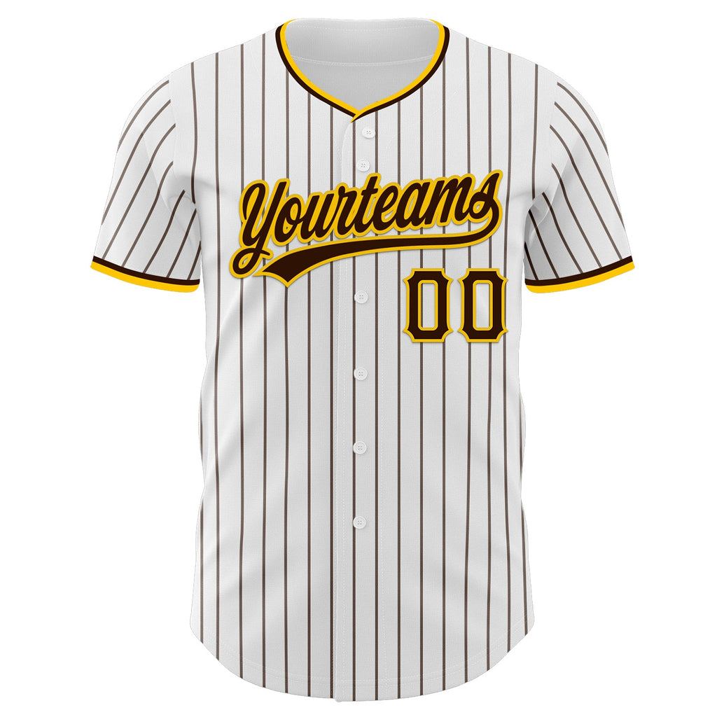 Custom White Brown Pinstripe Brown-Yellow Authentic Baseball Jersey