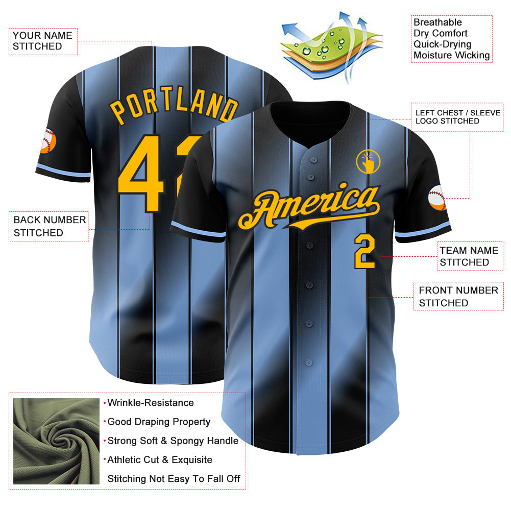 Custom Black Gold-Light Blue Gradient Classic Vertical Stripe Authentic Baseball Jersey