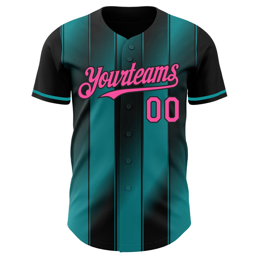 Custom Black Pink-Teal Gradient Classic Vertical Stripe Authentic Baseball Jersey