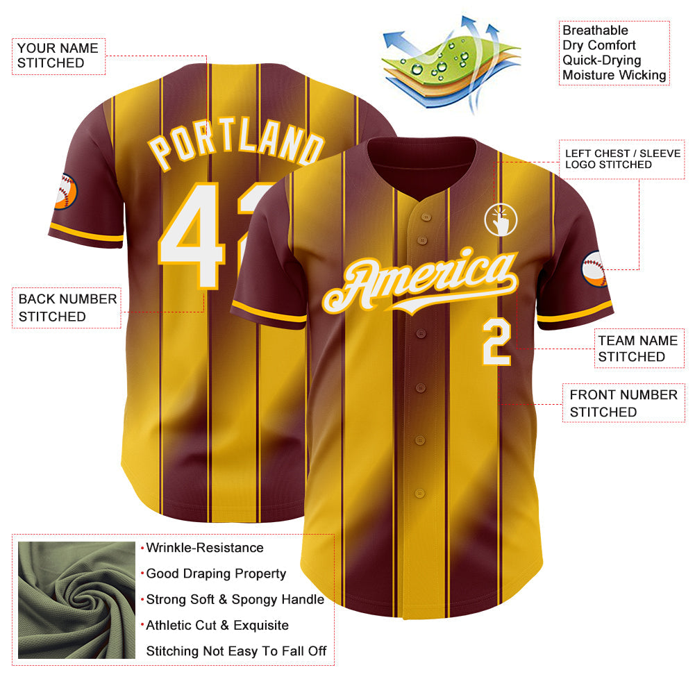 Custom Burgundy White-Gold Gradient Classic Vertical Stripe Authentic Baseball Jersey