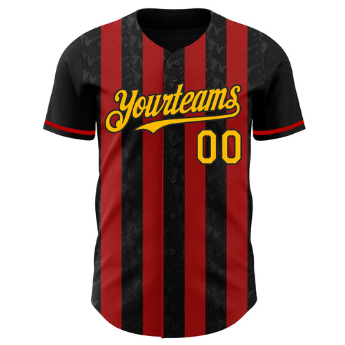 Custom Black Gold-Red Classic Vertical Stripe Fluid Liquid Texture Authentic Baseball Jersey