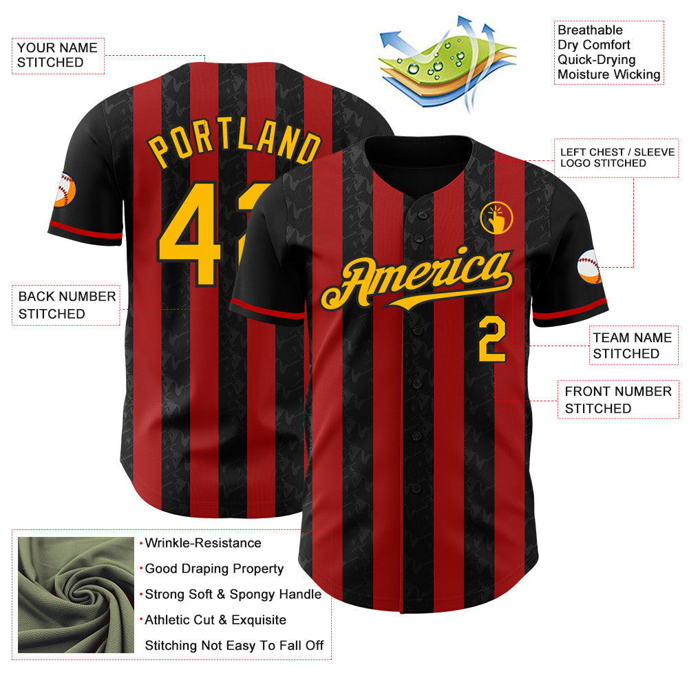 Custom Black Gold-Red Classic Vertical Stripe Fluid Liquid Texture Authentic Baseball Jersey