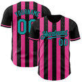 Custom Black Teal-Pink Classic Vertical Stripe Fluid Liquid Texture Authentic Baseball Jersey