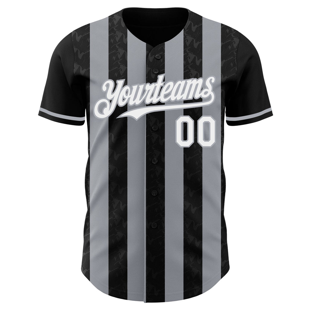 Custom Black White-Gray Classic Vertical Stripe Fluid Liquid Texture Authentic Baseball Jersey