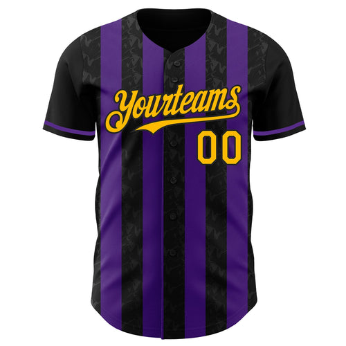 Custom Black Gold-Purple Classic Vertical Stripe Fluid Liquid Texture Authentic Baseball Jersey