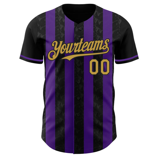 Custom Black Old Gold-Purple Classic Vertical Stripe Fluid Liquid Texture Authentic Baseball Jersey