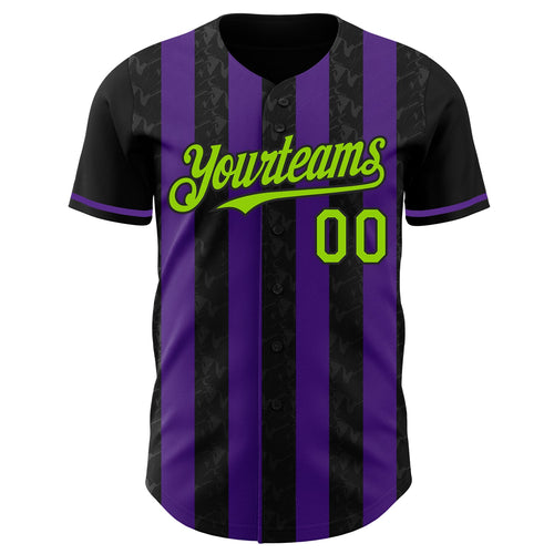 Custom Black Neon Green-Purple Classic Vertical Stripe Fluid Liquid Texture Authentic Baseball Jersey