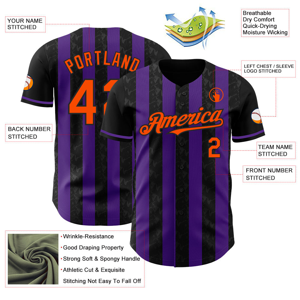 Custom Black Orange-Purple Classic Vertical Stripe Fluid Liquid Texture Authentic Baseball Jersey
