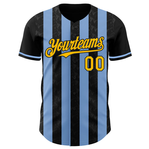 Custom Black Gold-Light Blue Classic Vertical Stripe Fluid Liquid Texture Authentic Baseball Jersey
