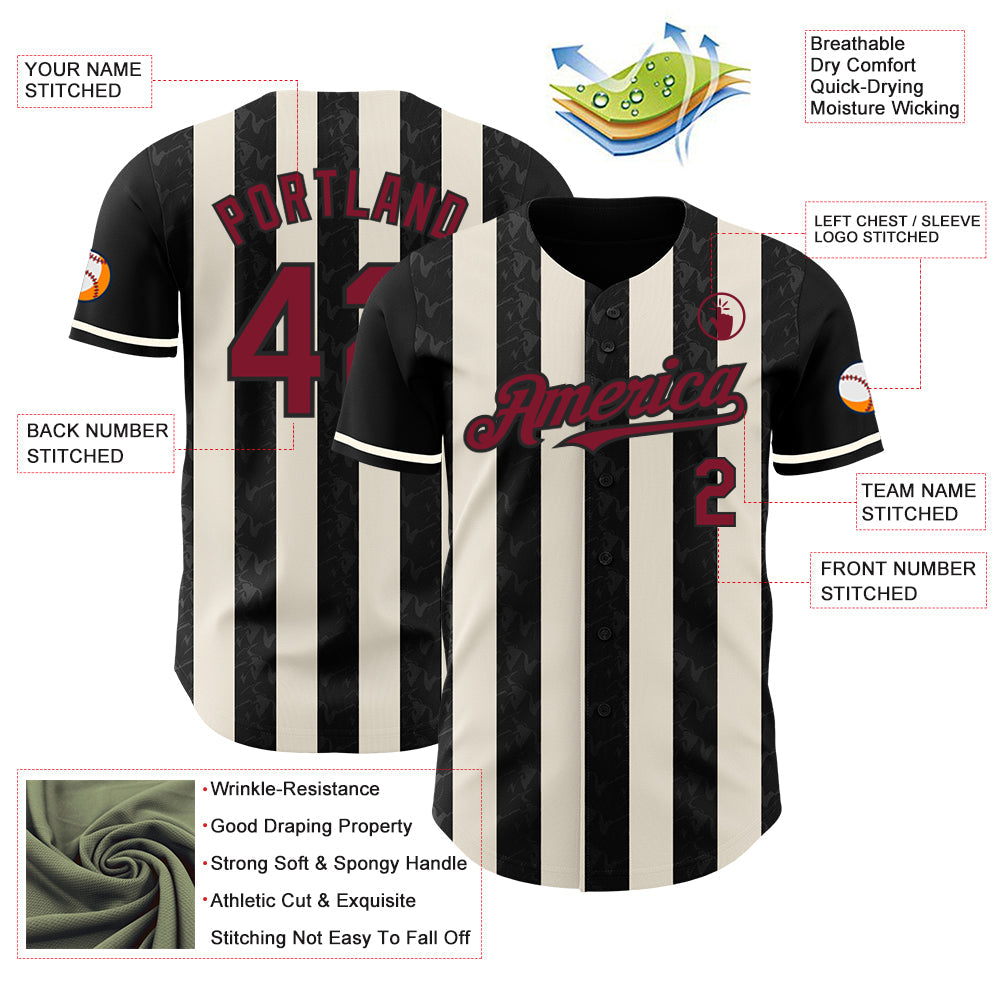 Custom Black Crimson-Cream Classic Vertical Stripe Fluid Liquid Texture Authentic Baseball Jersey